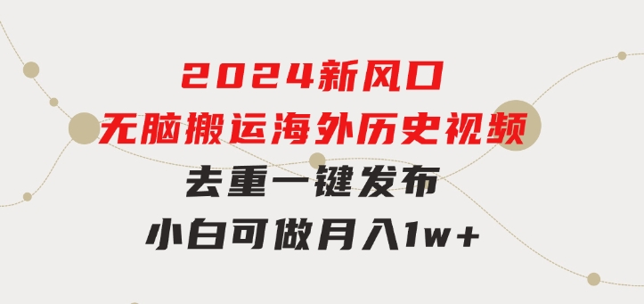 2024新风口，无脑搬运海外历史视频，去重一键发布，小白可做，月入1w不…-92资源网