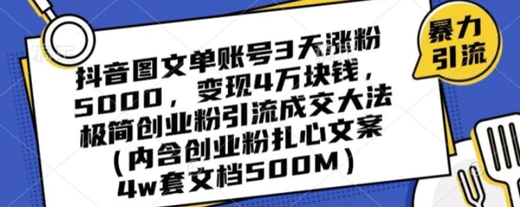 抖音图文单账号3天涨粉5000，变现4万块钱，极简创业粉引流成交大法-92资源网