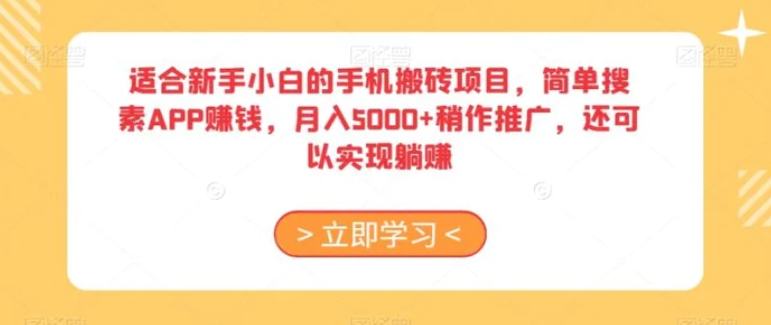 适合新手小白的手机搬砖项目，简单搜素APP赚钱，月入5000+稍作推广，还可以实现躺赚【揭秘】-92资源网