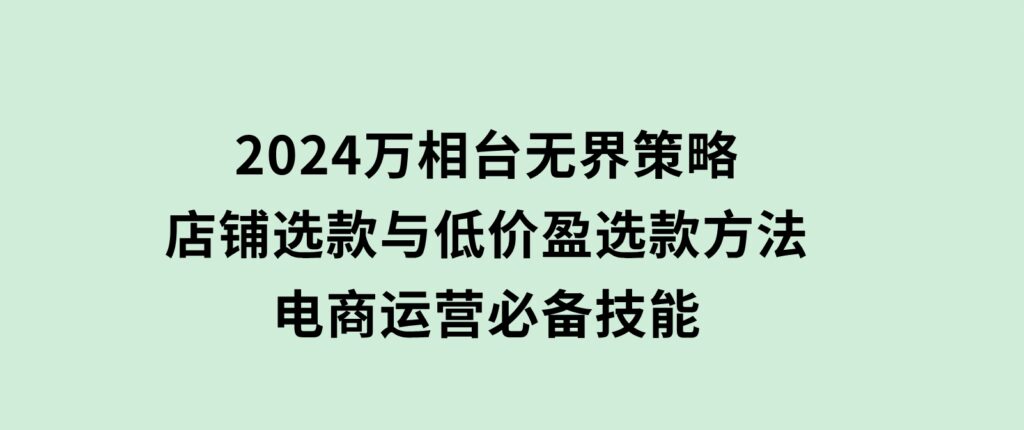 2024万相台无界策略，店铺选款与低价盈选款方法，电商运营必备技能-92资源网