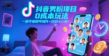 抖音男粉项目0成本玩法，一部手机即可操作，日均4张+，时间自由-92资源网