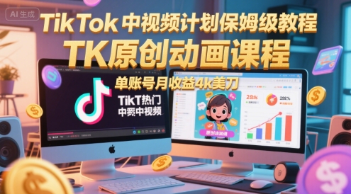 TikTok中视频计划保姆级教程，TK原创动画课程，单账号月收益4k美刀-92资源网