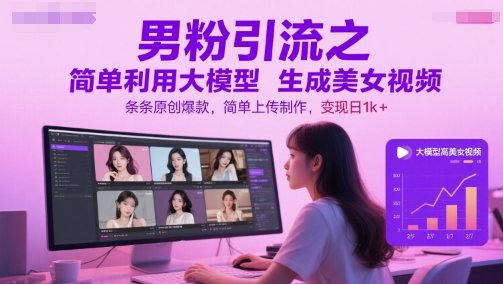 男粉引流之简单利用大模型生成美女视频，条条原创爆款，简单上传制作，变现日1k+-92资源网