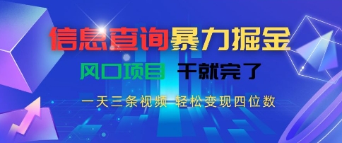 信息查询暴力掘金，一天三条视频，轻松变现四位数，风口项目干就完了【揭秘】-92资源网