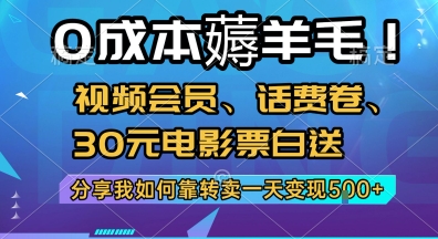 0成本薅羊毛!视频会员、话费卷、30元电影票白送，分享我如何靠转卖一天变现5张+【揭秘】-92资源网