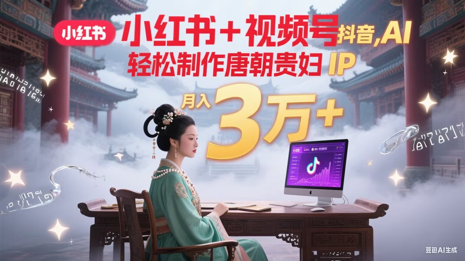 小红书+视频号+抖音，AI轻松制作唐朝贵妇IP，毒鸡汤、励志、减肥瘦身、养生赛道轻松切入，每天30分钟，轻松产出N条，月入3万+-副业项目资源网