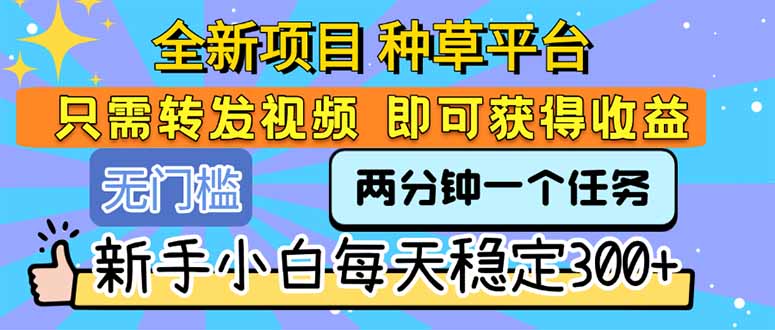 全新项目 种草平台 只需要转发任务视频 即可获得收益 新手小白每天300+-副业项目资源网