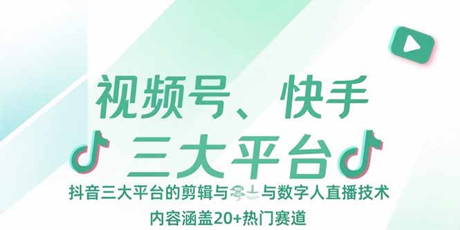 视频号、快手、抖音三大平台的剪辑与数字人直播技术，内容涵盖20+热门赛道-副业项目资源网