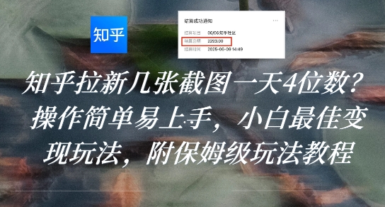 知乎拉新几张截图一天4位数？操作简单易上手，小白最佳变现玩法，附保姆级玩法教程-副业项目资源网