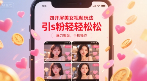 四开屏美女视频玩法，引s粉轻轻松松，暴力掘金，手机操作【揭秘】-副业项目资源网