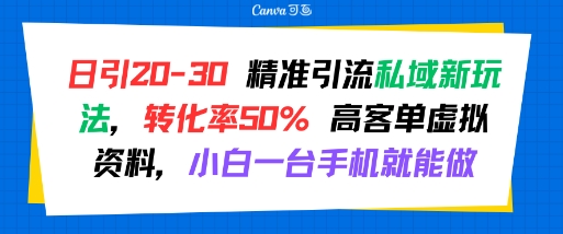 日引 20-30 精准引流私域新玩法，转化率50% 高客单虚拟资料，小白一台手机就能做-副业项目资源网