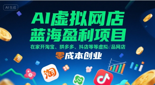 AI虚拟网店蓝海盈利项目，在家开淘宝、拼多多、抖店等虚拟品网店，零成本创业-副业项目资源网