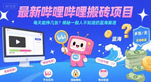 最新哔哩哔哩上B站搬砖项目，每天能挣几张？揭秘一般人不知道的蓝海赛道-副业项目资源网
