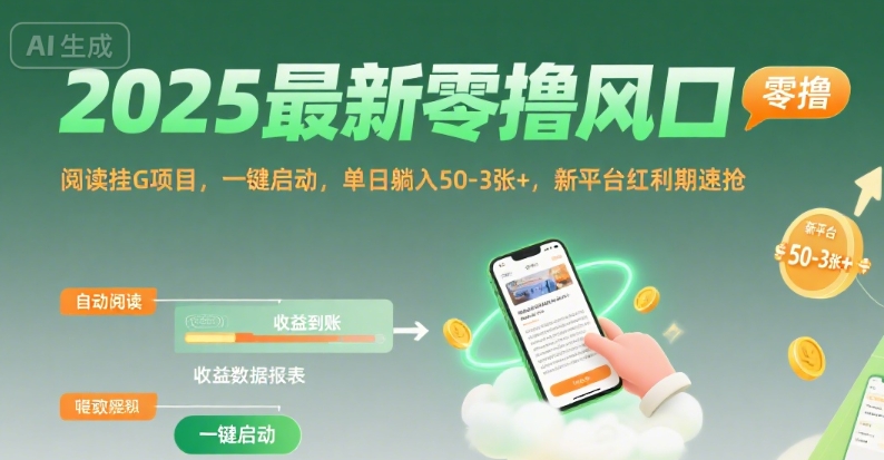2025最新零撸风口，阅读挂G项目，一键启动，单日躺入 50-3张+，新平台红利期速抢【揭秘】-副业项目资源网