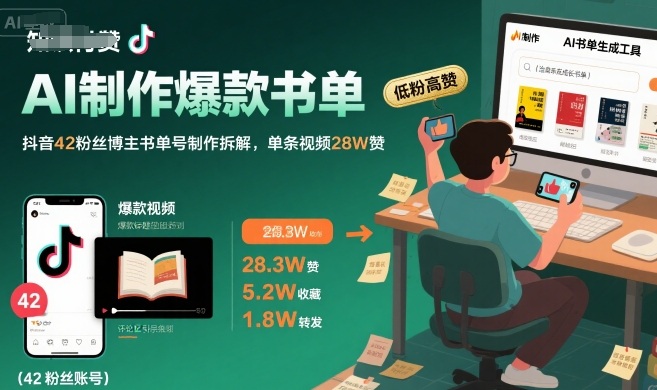 AI制作爆款书单，抖音42粉丝博主书单号制作拆解，单条视频28W赞-副业项目资源网