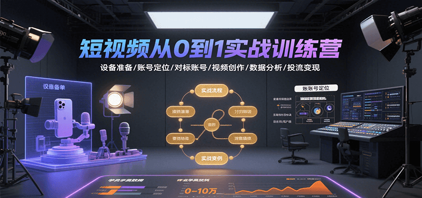 短视频从0到1实战训练营：设备准备/账号定位/对标账号/视频创作/数据分析/投流变现-副业项目资源网