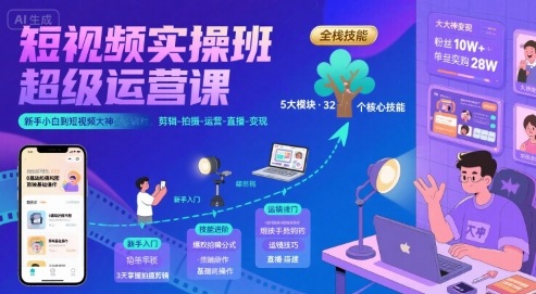 短视频实操班超级运营课，新手小白到短视频大神必修课程，剪辑-拍摄-运营-直播-变现-副业项目资源网
