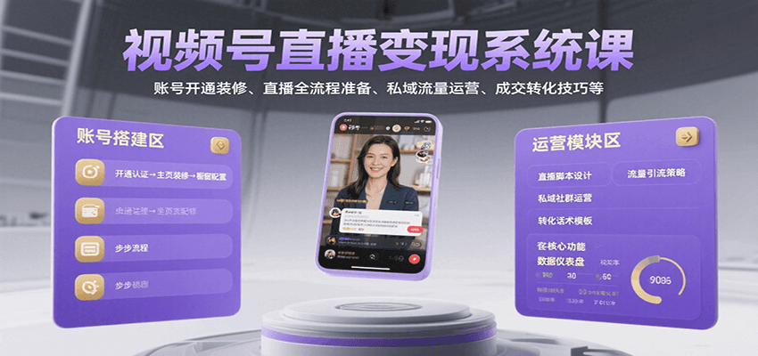 视频号直播变现系统课，账号开通装修、直播全流程准备、私域流量运营、成交转化技巧等-副业项目资源网