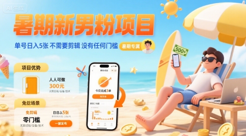 暑期新男粉项目 单号日入5张 不需要剪辑  没有任何门槛-副业项目资源网