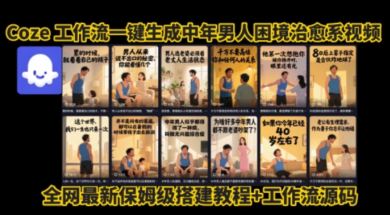 coze工作流一键生成”中年男人困境扎心高涨粉高播放量图文视频”保姆级拆解教程，无需剪辑，无需拍摄写文案-副业项目资源网