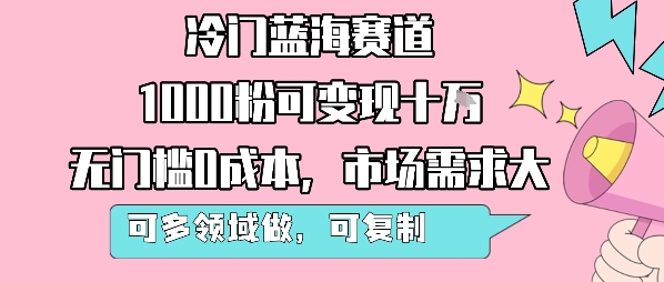 冷门蓝海赛道，1000粉可变现十W，无门槛0成本，市场需求大，可多领域做，可复制性强-副业项目资源网