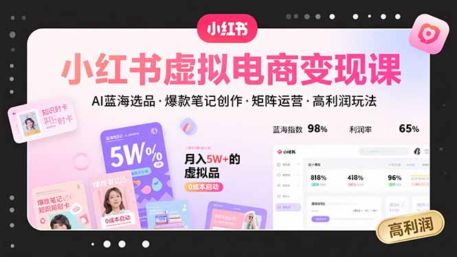 小红书虚拟电商变现课，AI蓝海选品，爆款笔记创作，矩阵运营，高利润玩法-副业项目资源网