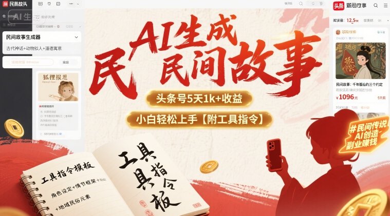 AI生成民间故事，头条号5天1k+，小白轻松上手【附工具指令】-副业项目资源网