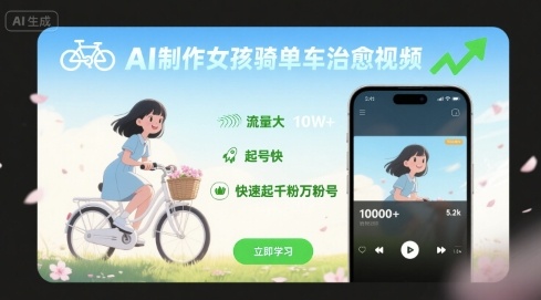 AI制作女孩骑单车治愈视频，流量大，起号快，快速起千粉万粉号-副业项目资源网