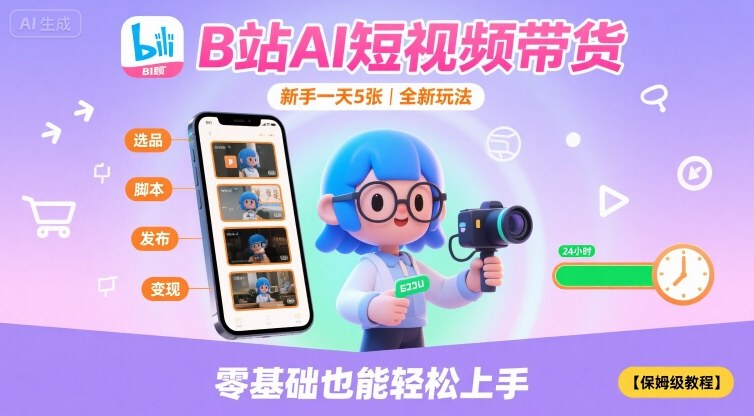 B站AI短视频带货，新手一天5张，全新玩法【保姆级教程】-副业项目资源网