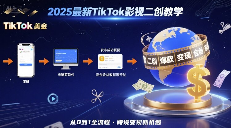 2025年最新TikTok影视二创教学，从注册到发布撸美金全流程，跨境变现新机遇-副业项目资源网