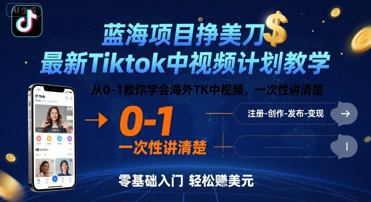 蓝海项目挣美刀，最新Tiktok中视频计划教学，从0-1教你学会海外TK中视频，一次性讲清楚-副业项目资源网
