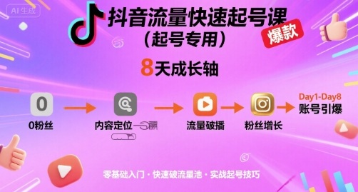 抖音流量快速起号课(起号专用)，8天带你做爆自己的账号-副业项目资源网