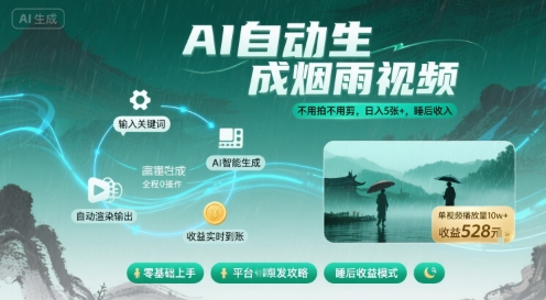 不用拍不用剪！AI自动生成烟雨视频，日入5张+，睡后收入-副业项目资源网