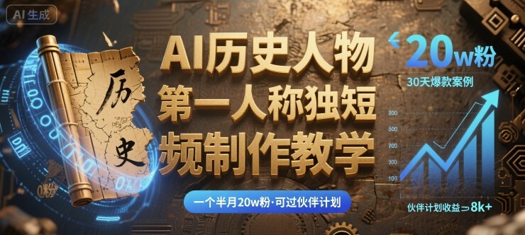 最新AI历史人物第一人称独白短视频制作教学，一个半月20w粉，可过伙伴计划-副业项目资源网