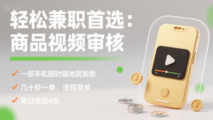 轻松兼职首选：商品视频审核，一部手机随时随地就能做，几十秒一单，流程简单，单日收益4张【揭秘】-副业项目资源网