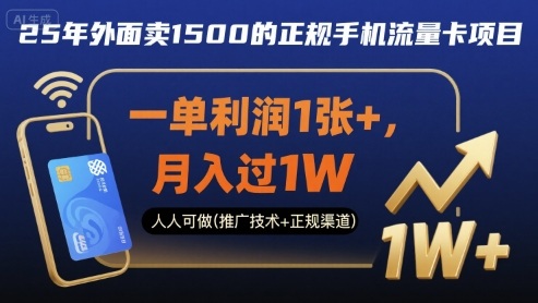 25年外面卖1500的正规手机流量卡项目，一单利润1张+，月入过1W，人人可做(推广技术+正规渠道)【揭秘】-副业项目资源网