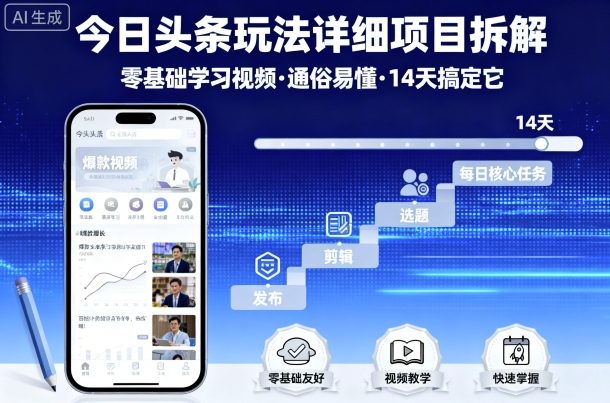 今日头条玩法详细项目拆解，零基础学习视频 通俗易懂 14天搞定它-副业项目资源网