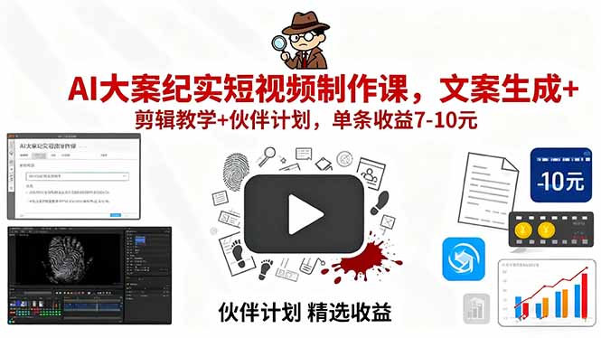 AI大案纪实短视频制作课，文案生成+剪辑教学+伙伴计划，单条收益7-10元-副业项目资源网