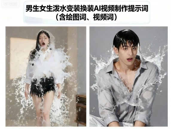 男生女生泼水变装换装AI视频制作提示词(含绘图词、视频词)-副业项目资源网