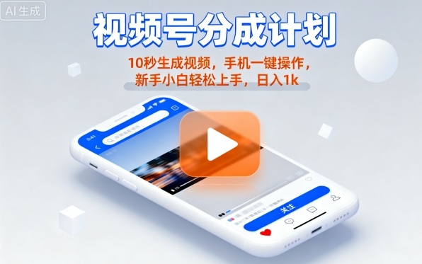 视频号分成计划懒人玩法,10秒生成视频,手机一键操作,新手小白轻松上手,日入1K【揭秘】-副业项目资源网
