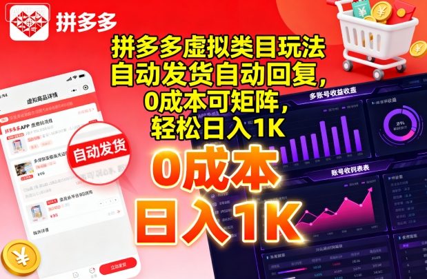 拼多多虚拟类目玩法，自动发货自动回复，0成本可矩阵，轻松日入1K【揭秘】-副业项目资源网