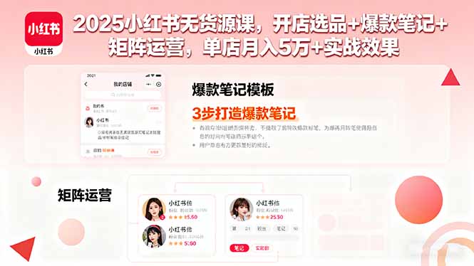 2025小红书无货源课，开店选品+爆款笔记+矩阵运营，单店月入5万+实战效果-副业项目资源网