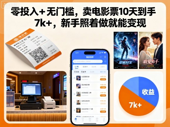 零投入+无门槛，卖电影票10天到手7k+，新手照着做就能变现【揭秘】-副业项目资源网