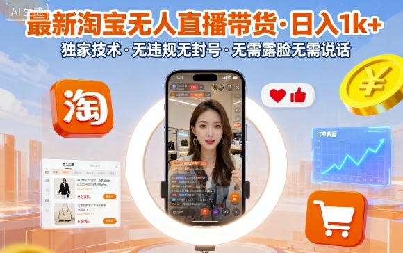 最新淘宝无人直播带货，日入1k+，独家技术，无违规无封号，无需露脸无需说话【揭秘】-副业项目资源网