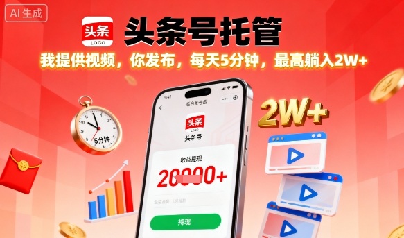 【头条号托管】我提供视频，你发布，每天5分钟，最高躺入2W+【揭秘】-副业项目资源网