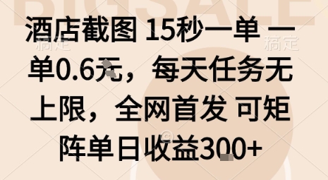 酒店截图15秒一单，一单0.6米，每天任务无上限，全网首发可矩阵单日收益3张【揭秘】-副业项目资源网