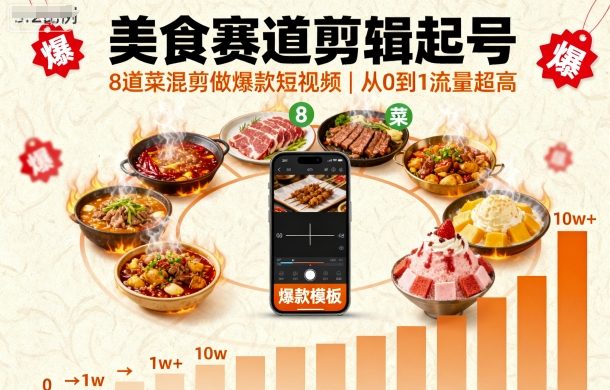 美食赛道剪辑起号，8道菜混剪做爆款短视频，从0到1，流量超高-副业项目资源网