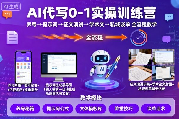 AI代写0-1实操训练营，从养号、提示词、征文演讲、学术文，到私域谈单的全流程教学-副业项目资源网