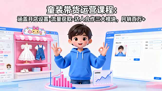 童装带货运营课程：涵盖开店设置-流量获取-达人合作三大模块，月销百万+-副业项目资源网