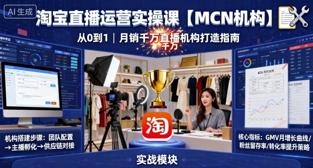 淘宝直播运营实操课【MCN机构】，从0到1做一家月销千W的直播机构-副业项目资源网